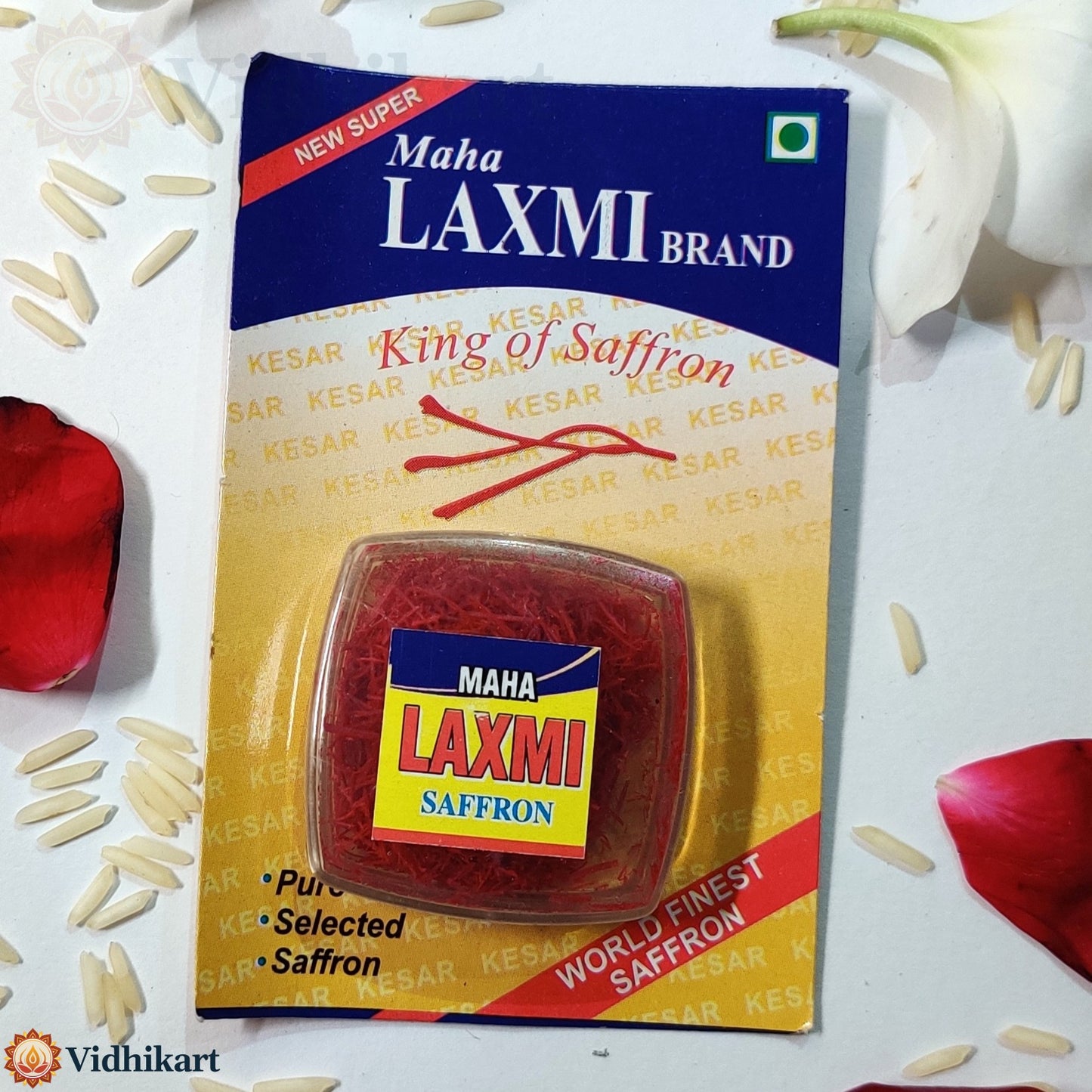 Maha Laxmi brand saffron packaging on a white background with saffron strands and rose petals.
